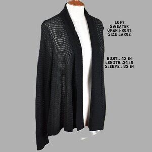 LOFT Sweater L Black Long Sleeve Open Front Open Mesh Hand Wash Bin 10